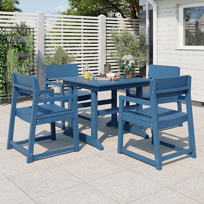 Vongrasig 5 Pieces Patio Dining Set, All Weather Outdoor HDPE Dining Furniture Set with Table and Chairs for 4, Garden Patio Furniture Set for Lawn, Backyard, Poolside, Blue