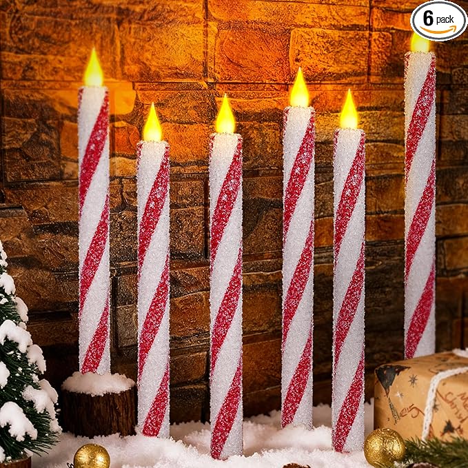 Christmas Flickering Flameless Taper Candles - 6PCS Glitter Candy Cane Red and White Stripes Sea Salt Real Wax Battery Operated Candles For Christmas Party Wedding Winter Home Decoration Xmas Decor