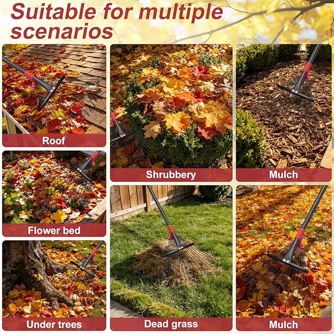 61Inch Adjustable Metal Leaf Rake, 18 Metal Tines Heavy Duty Leaves Rake for Lawns with 8-18" Expandable Head Long Handle Garden Rakes for Women Kids Leaves Yard Gardening Grass Outdoor Camping Debris