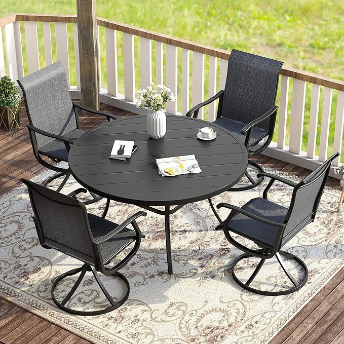 VICLLAX 5 Pieces Patio Dining Set, Outdoor Dining Set for 4-40.6" Round Patio Table and 4 Outdoor Swivel Chairs for Lawn Garden, Black Tabletop and Dark Grey Fabric