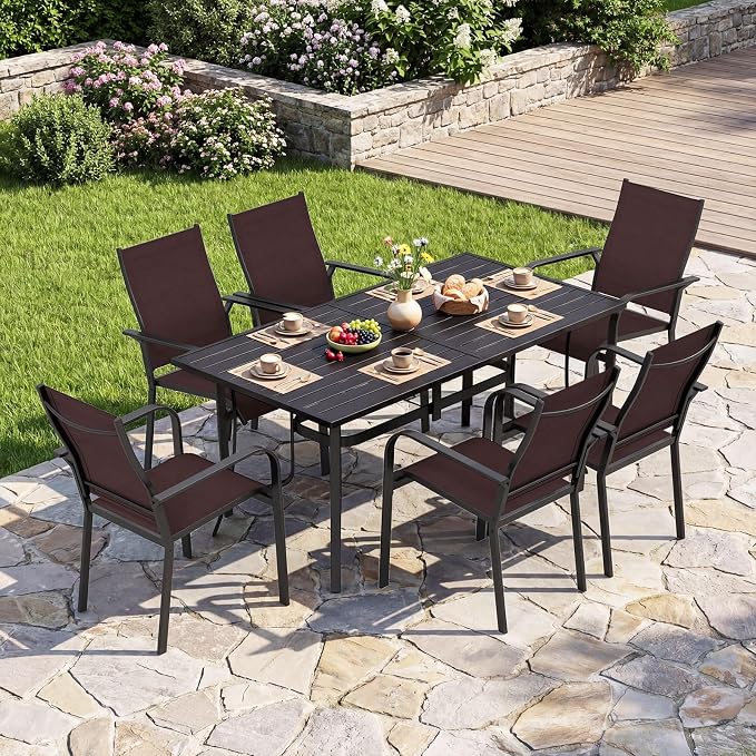 Tangkula 7 Pieces Patio Dining Set for 6, 63” x 33” Outdoor Rectangle Metal Table with Umbrella Hole & 6 Stackable Breathable Mesh Armchairs, Outside Furniture Set for Backyard, Garden & Porch (Brown)