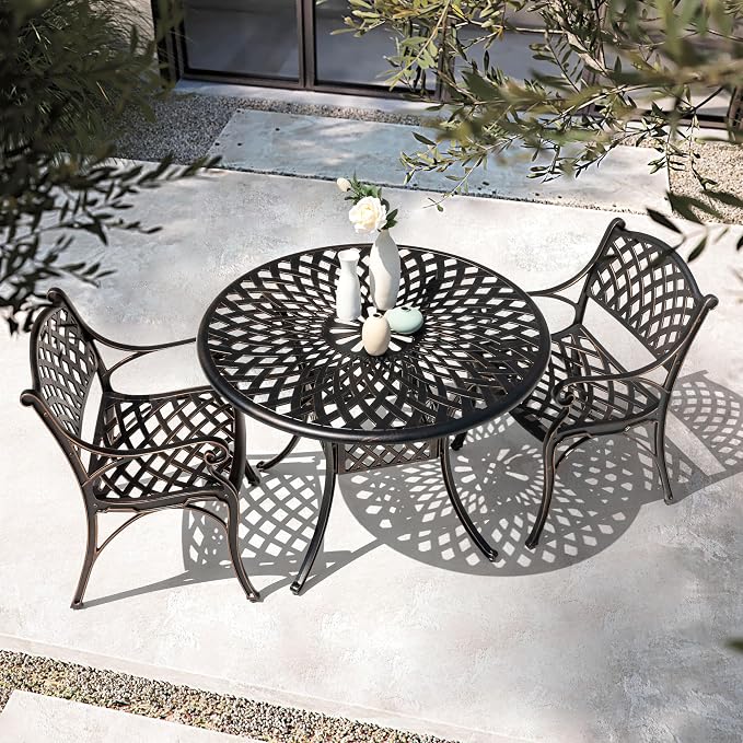 NUU GARDEN Cast Aluminum Outdoor Round Dining Table 42 Inch Patio Table with 2.24 Inch Umbrella Hole for Garden Backyard Balcony Black with Gold-Painted Edges