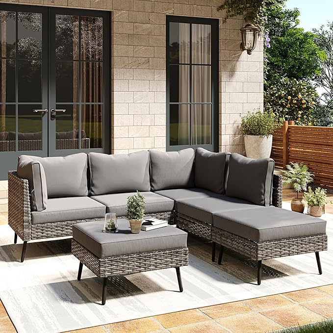 LAUSAINT HOME 6 Pieces Outdoor Sectional Sofa Set, All-Weather PE Rattan Conversation Set with Thick Cushions for Patio, Garden, Backyard, Grey