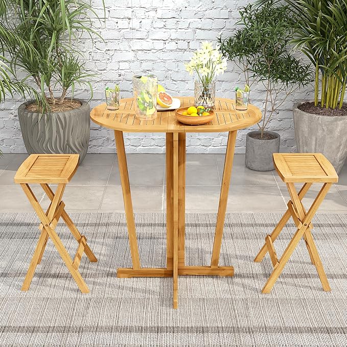 Tangkula Outdoor Teak Wood Bar Table Folding, Patio Bar Height Oval Table with Slatted Tabletop and Cross Base, Pub Height Table for Patio, Porch, Backyard, Poolside