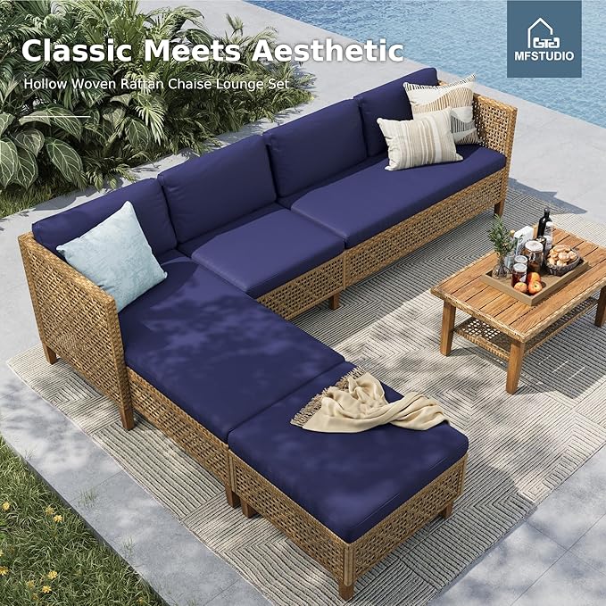 MFSTUDIO Wicker Patio Furniture Set, Rattan Outdoor Couch Sectional Sofa, 5 Pieces Patio Conversation Set with Acacia Wood Coffee Table, Outdoor Rattan Furniture Set for Garden or Balcony, Navy Blue