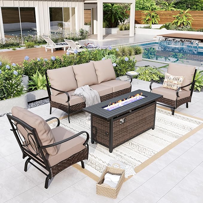 GREEN PARTY Extra Large Outdoor Patio Furniture Set with 56" Fire Pit Table 4 Pieces for 5, Modern Metal Patio Conversation Sets with High Back 3-Seat Sofa, 2 Motion Chairs, 1 Fire Pit Table