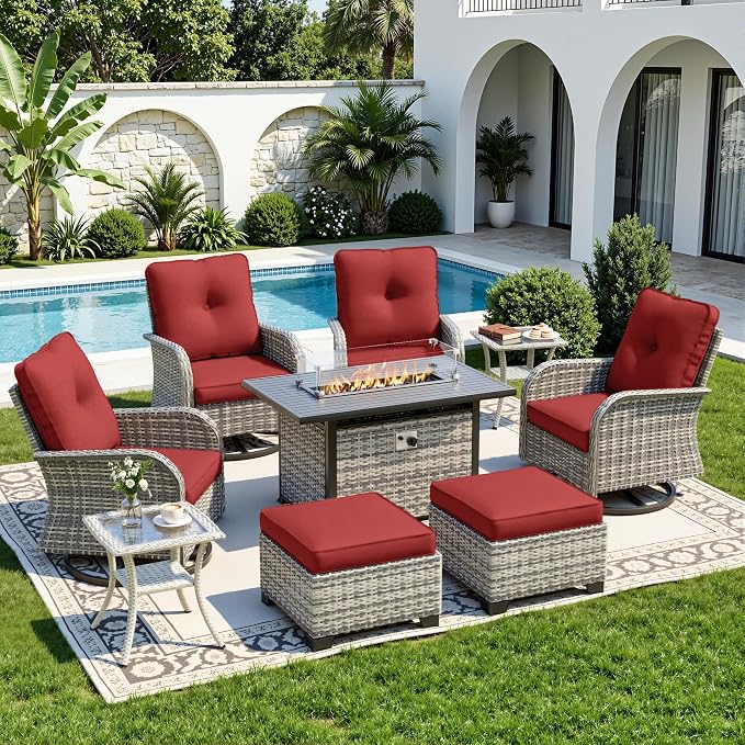9-Piece Small Patio Furniture Set, Outdoor Swivel Rocking Chairs Set with 55,000 BTU Fire Pit Table Wicker Chairs and Ottomans, Patio Bistro Set for Balcony, Deck, Porch, Red