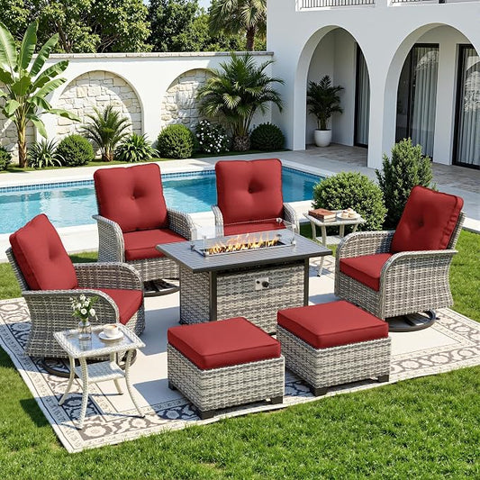 9-Piece Small Patio Furniture Set, Outdoor Swivel Rocking Chairs Set with 55,000 BTU Fire Pit Table Wicker Chairs and Ottomans, Patio Bistro Set for Balcony, Deck, Porch, Red