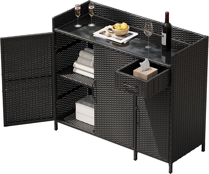 LUMISOL Patio Rattan Bar Table with Adjustable Shelf and Drawer, Outdoor Storage Cabinet with Tempered Glass Desktop, Weather-Proof, Wicker Bar Table with 3 Doors for Outdoor Garden, Black
