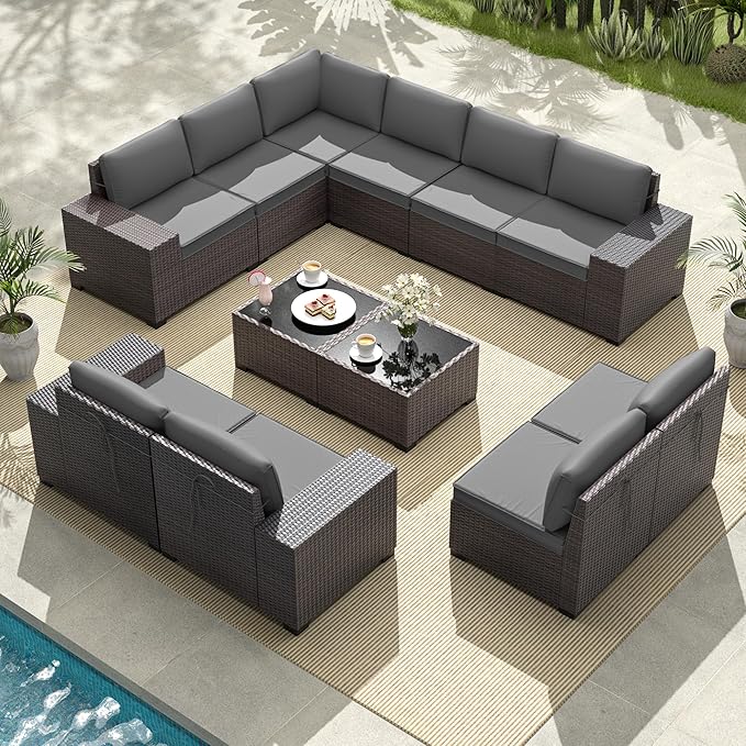 Gotland 12 Pieces Patio Furniture Set, Wicker Outdoor Sectional with Wide Armrests 29.5'' High Backrest 4'' Thick Waterproof Cushions, Oversized Patio Furniture for Deck Garden Gray