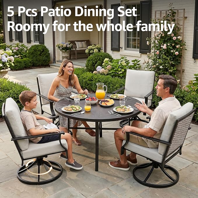 NATURAL EXPRESSIONS 5 Pieces Patio Dining Set, 4 Outdoor Swivel Rocking Chairs with 38" Round Table, All Weather Outdoor Table and Chairs for Outside, Garden, Backyard