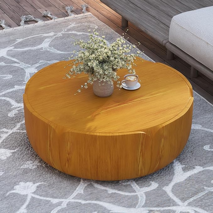 35.63" Round Outdoor Indoor Coffee Table - Modern Wood Grain Drum Center Table, Sturdy MGO Waterproof, No-Assembly Table for Patio, Garden, Backyard, Living Room