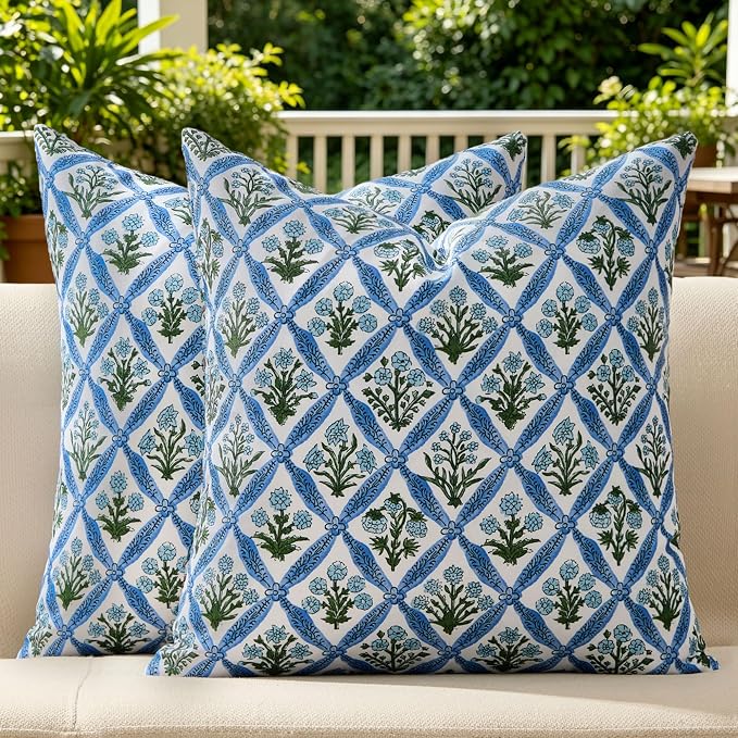 Allorry Floral Outdoor Pillow Covers 20x20 Blue Outdoor Waterproof Decor | Set of 2 Vintage Floral Block Print Pillow Cover,Farmhouse Boho Decorative for Spring Summer Outdoor Sofa Bedroom Decor
