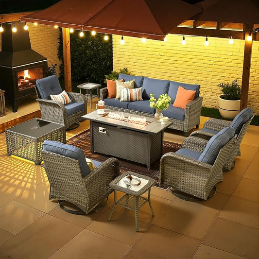 CAODOC 9 Pieces Outdoor Furniture,Patio Furniture with 54" Fire Pit Table,Wicker Conversation Set for Balcony,Deck,Pool and Backyard(Blue)