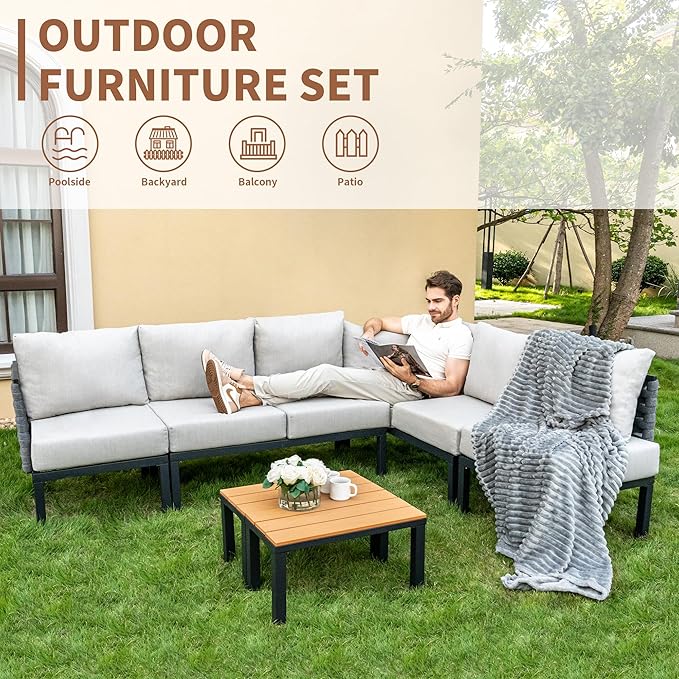 PIZZELLO 8 Pieces Outdoor Patio Furniture Sets, Outdoor Conversation Sets Sectional Sofa with 6" Thick Cushions and 2 Coffee Tables, Convertible Modular Patio Sofa for Backyard, Garden, Deck