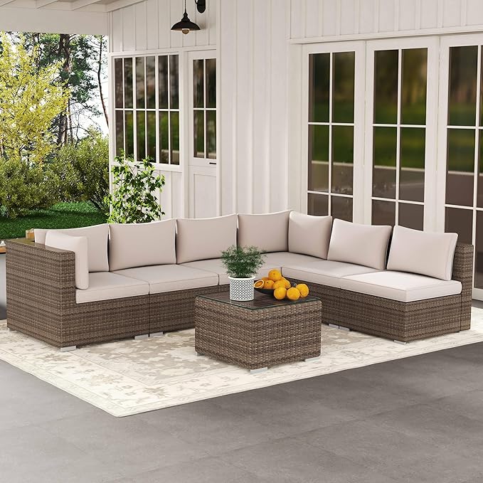 7-Piece Outdoor Patio Furniture Set – Handwoven All-Weather Rattan & 4” Thick Waterproof Cushions, Wicker Outdoor Conversation Sets with Coffee Table for Deck, Backyard, Garden, Beige/Brown