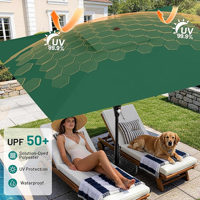 AreShark 8'x10' 2 Tiers Rectangular Patio Umbrella - Outdoor Umbrella Waterproof UV Protection, Market Table Umbrella w/Crank for Pool, Backyard, Deck(Dark Green)