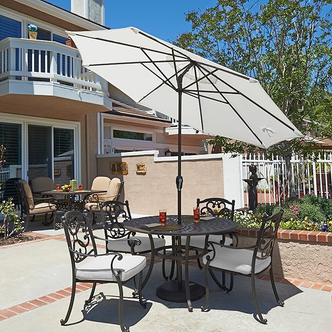 California Umbrella 9' Round Aluminum Outdoor Deck, Pool or Patio Umbrella, Crank Lift, Auto Tilt, Bronze Pole, White Olefin