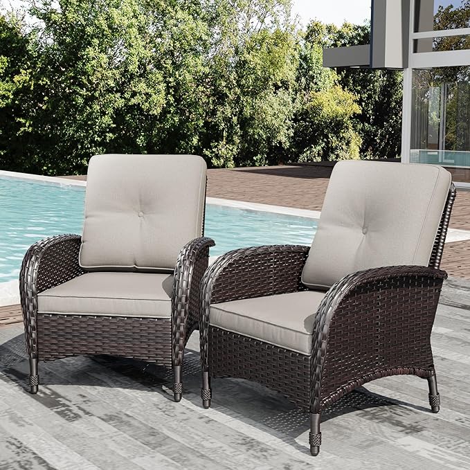 Joyside Wicker Patio Chairs Set of 2, Rattan Outdoor Furniture with Thickened Cushions, High Back, Deep Seating, Wide Armrest, Outdoor Chairs for Porch, Deck
