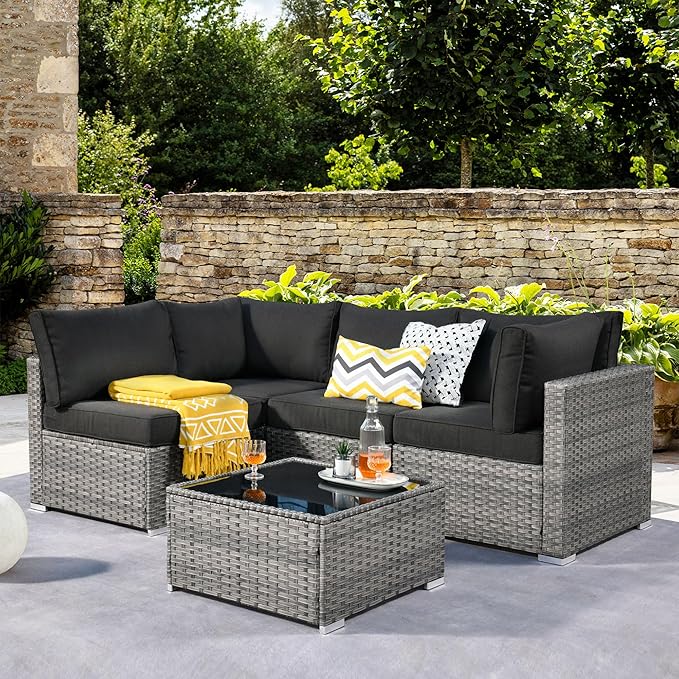 ovios Outdoor 5 Piece Coversation Set with Coffee Table,Sectional Patio Furniture Set with All-Weather Wicker Sofa,Modern Outside Couch for Balcony Backyard Pool, Black