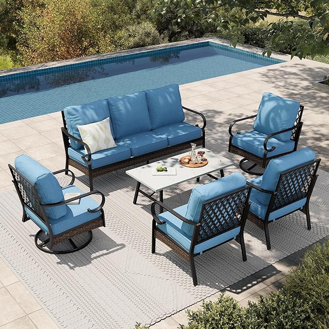HERA'S HOUSE 6 Piece Metal Patio Furniture Set, All Weather Outdoor Conversation Set with 3-Seat Sofa, 2 Rocking Chairs, 2 Fixed Chairs & Coffee Table, 7 Seats for Backyard, Garden, Deck, Navy Blue