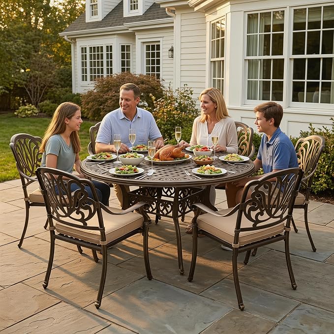 7 Piece Outdoor Dining Set Cast Aluminum, Retro Patio Dining Furniture Set for 6 Includes 54’’ Round Table 6 Chairs with Thicker Cushion and Umbrella Hole for Patio Deck Garden