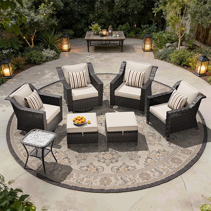 7 Pieces Patio Conversation Furniture Set - 2 Armchairs, 2 Ottomans, 2 Swivel Chairs, 1 Side Table, Outdoor Wicker Furniture with Removable Cushions for Porch, Balcony, Sunroom (Beige)