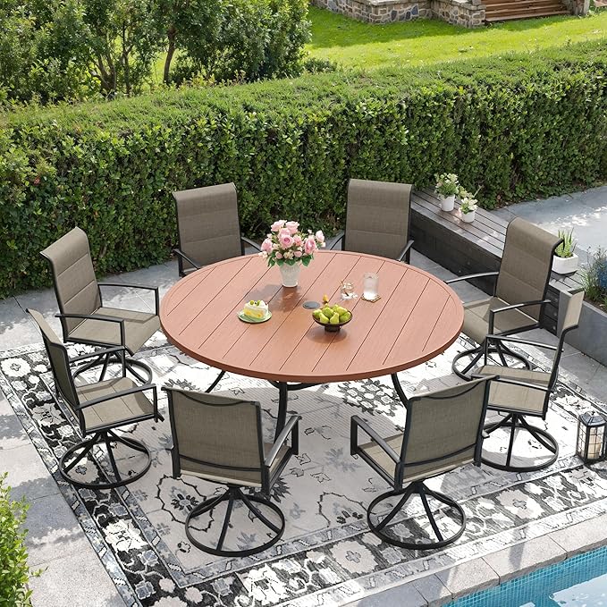 DIFY 9 Piece Outdoor Patio Dining Set for 8, 60" Walnut Round Metal Dining Table and Swivel Patio Chairs with Brown Padded Textilene, All-Weather Outdoor Furniture Set for Garden Backyard Porch