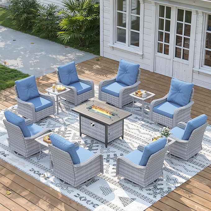 13 Piece Wicker Patio Furniture Set with 55,000 BTU Fire Pit Table, Swivel Rocking Chairs, 4''Cushions, PE Rattan, Wind Guard Glass, for Backyard, Deck or Balcony, Navy