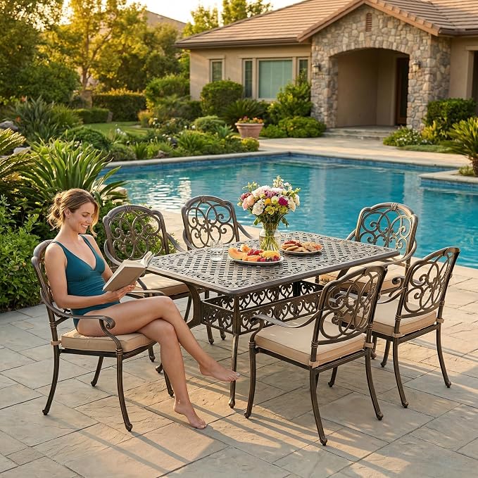 7 Piece Outdoor Dining Set Cast Aluminum, Retro Patio Dining Set for 6 Includes 59” Rectangular Table with Thicker Cushions and Umbrella Hole for Patio Deck Garden Porch