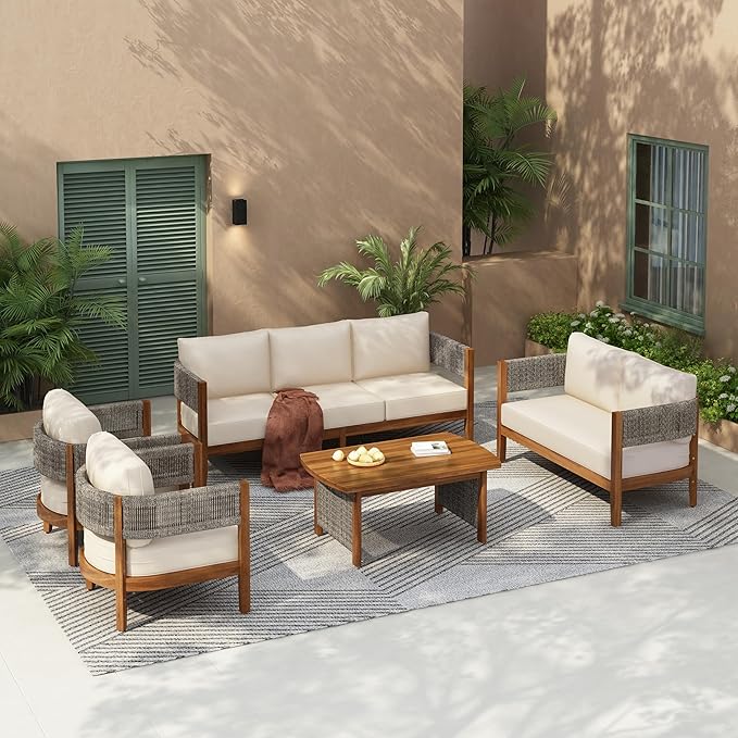 Christopher Knight Home Quixley Acacia Wood 5 Piece Patio Furniture Set, Large Wooden Patio Conversation Set with Club Chair+Coffee Table, 7-Seater Outdoor Loveseat Sofa Chair and Table Set,Teak+Beige