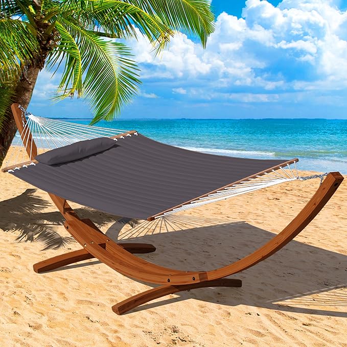 Lazy Daze Hammocks 12 FT Double Quilted Fabric Hammock and 13 FT Brown Wood Arc Stand, with Spreader Bar, Removable Pillow, 2 Person Hammock for Poolside Outdoor Patio, 450 lbs Capacity, Dark Gray