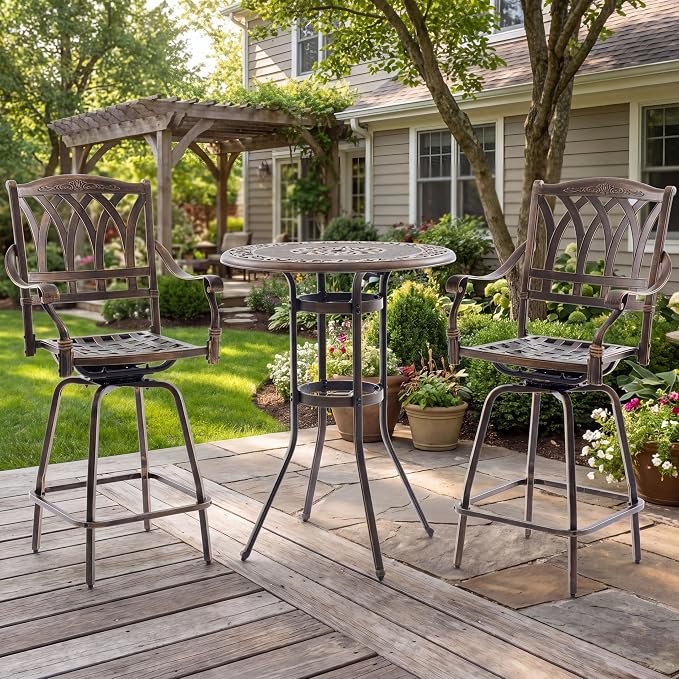 Bar Height Outdoor Table and Chairs, 3 PCS Cast Aluminum Patio Swivel Bar Set Include 31.5" Outdoor High Top Table and Barstool Set of 2 with Cushions