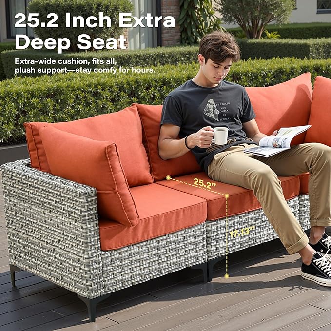 5 Pieces Patio Furniture Set with Solar Light Coffee Table, All-Weather Rattan Outdoor Sectional Conversation Sets L Shaped Sofas for Outside Porch Balcony Backyard Coarse Stripes Red