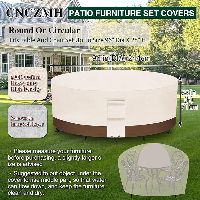Heavy Duty Patio Furniture Covers Waterproof, 600D Round Outdoor Furniture Cover Waterproof for Sectional Sofa Couch, Outdoor Dining Table and Chair Set Covers 96"DIA x 28"H, Beige Brown