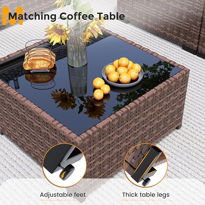 UDPATIO Patio Furniture Set, 7 Piece Outdoor Sectional Sofas with Wicker Coffee Table, Outdoor Patio Conversation Set for Garden, Backyard Wine