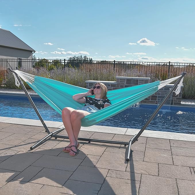 Vivere Double Sunbrella Hammock, Weather-Ready Outdoor Lounger with Space-Saving Steel Stand and Carry Bag, 450 Lb Capacity, 9 Foot, Aruba
