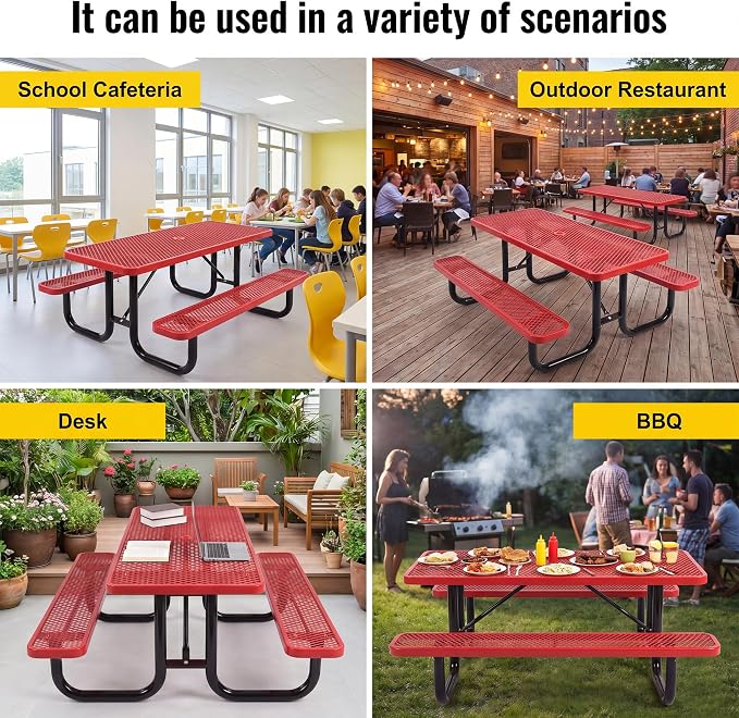 72" Rectangular Metal Picnic Table for 4-8 Person, Durable Heavy Duty Commercial Picnic Table with Umbrella Hole for Outdoor Coffee Shop, School, Hospital, Easy to Install, Red