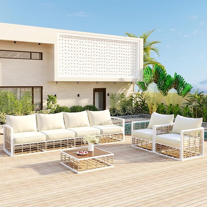 Modern Minimalist 7-Piece Metal Patio Sectional Sofa Set, All-Weather Garden Conversational Furniture Set with Thick Cushions and Coffee Table for Indoor Outdoor (White#26)