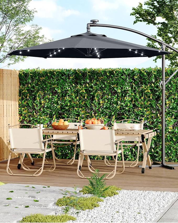 10FT Cantilever Patio Umbrella with Solar LED Lights - Heavy Duty 2-Tier Square Aluminum Offset Outdoor Umbrella, 360° Rotation for Poolside, Backyard, Deck Outdoor Use, Tan