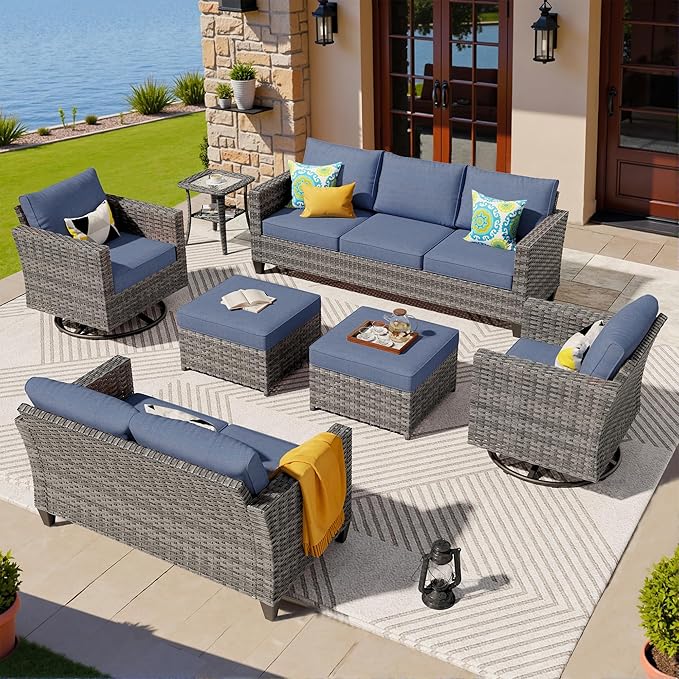 ovios 7 Pieces Patio Furniture Set, Outdoor Wicker Sofa Couch with Swivel Chairs, Rocking Glider Rocker with Comfy Cushions All Weather Rattan Conversation Set, Denim Blue