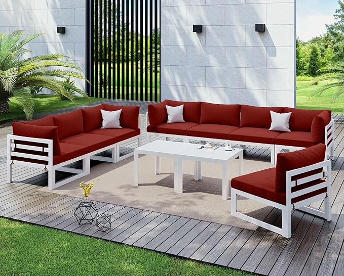 NICESOUL 10 Piece Modern Aluminum Patio Furniture Set, 500 lbs Heavy Duty Durable Outdoor Sectional Sofa, 29" Deep Wide Oversized Seating, L Shaped Comfortable Conversation Couch for Outside Deck, Red