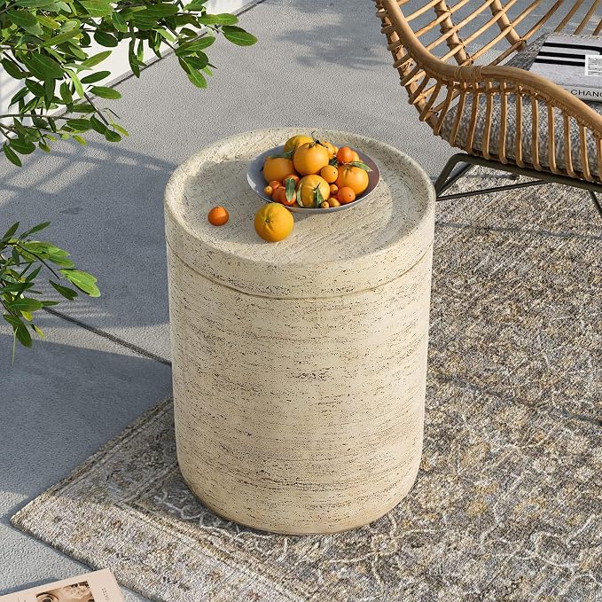 SUNBURY Set of 2 Outdoor Side Tables for Patio, Concrete Accent End Table, Round Modern Coffee Ceramic Side Garden Stool Log