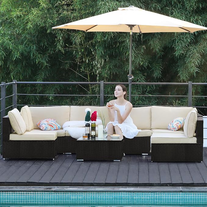 7-Piece Patio Furniture Set - Outdoor Sectional Sofa Set with Cushions and Glass-Top Coffee Table for Gardens, Poolside, Backyards and Porches, Beige/Black