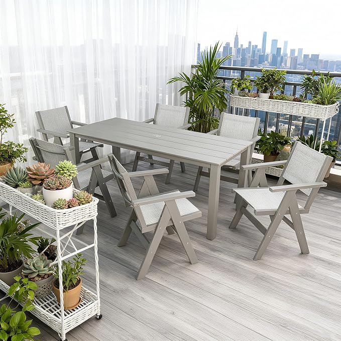 68.9” Outdoor Dining Table, Wooden Patio Table, Outdoor Furniture with Umbrella Hole, 6 Seater Outside Table for for Garden, Poolside & Backyard,BBQ ect. (Light Gray)