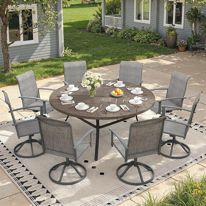 9 Pieces Round Outdoor Table and Chairs Set, Patio Dining Set with 60" Round Spliced Outdoor Table and Patio Swivel Chairs for Backyard Lawn Garden, Grey Table and Grey Chairs