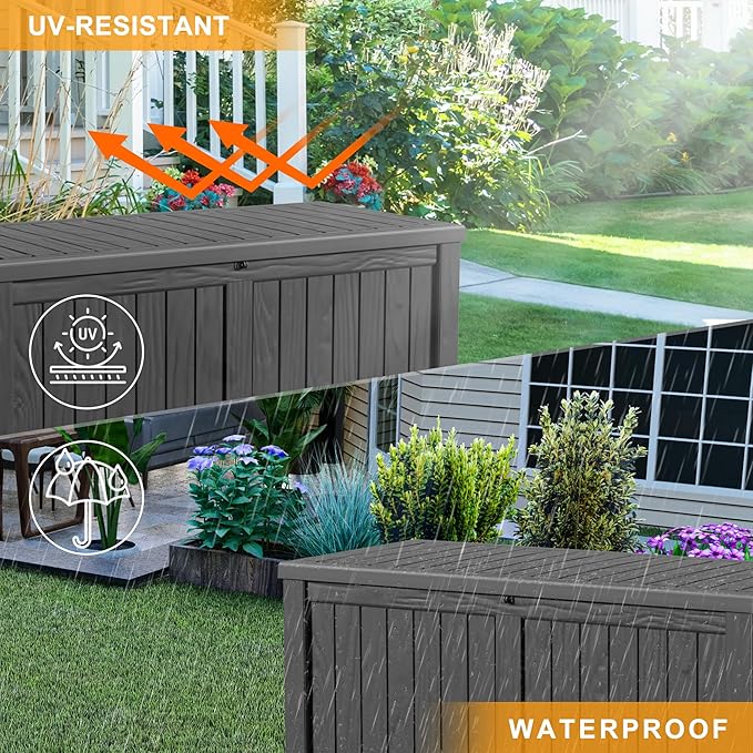 Resin Deck Box, Lockable Patio Outdoor Storage Box for Furniture, Garden Tools and Tools Storage, Waterproof Outside Storage Boxes (Black, 120 Gallon)
