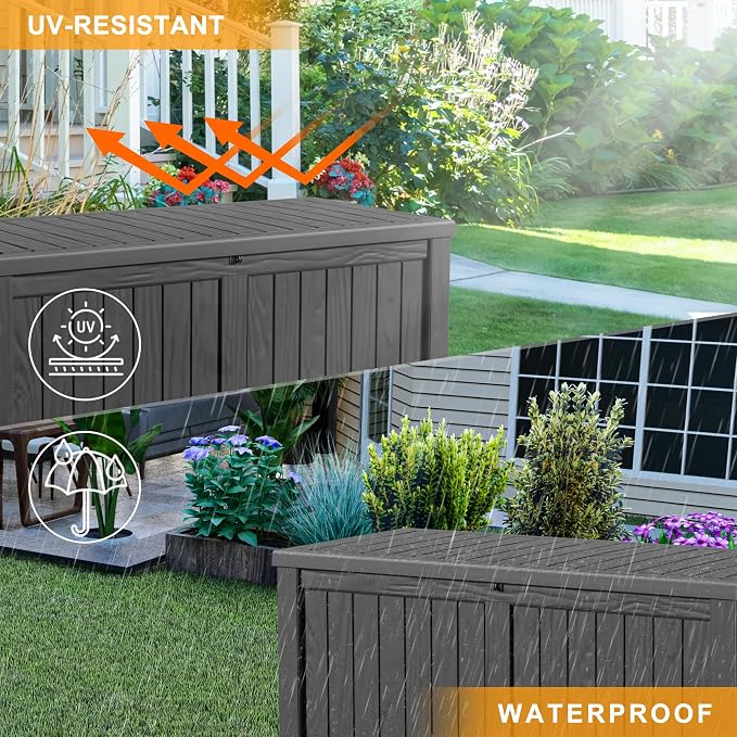 DRATO 150 Gallon Deck Boxes Outdoor Waterproof, Resin Large Lockable Storage Box with Lid, Outdoor Storage Bench Patio Cushions Furniture, Garden Tools, Pool Accessories (Black, 150 Gallon)