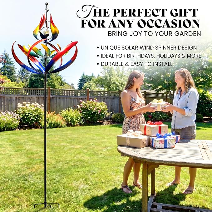107" Large Solar Wind Spinner Outdoor Metal - 3-Tier Kinetic Wind Sculptures with LED Glass Ball Light, Multi-Color Tulip Windmills for Yard Garden Decor, Patio Porch Lawn Ornament Gardening Gifts
