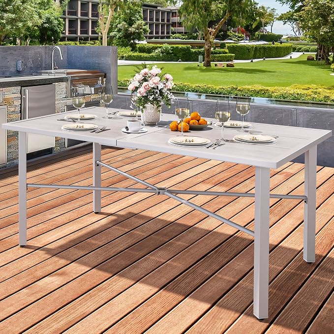 YITAHOME Patio Table Rectangle 59.1"x35.4" Outdoor Tables with Umbrella Hole & Adjustable Levelers All-Weather Outdoor Patio Table with Metal Frame for Lawn Garden Backyard, Gray